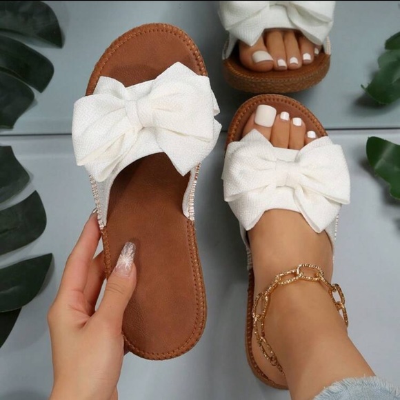 SHEIN Shoes - Preppy Slide Sandals For Women, Bow Decor Single Band Flat Sandals